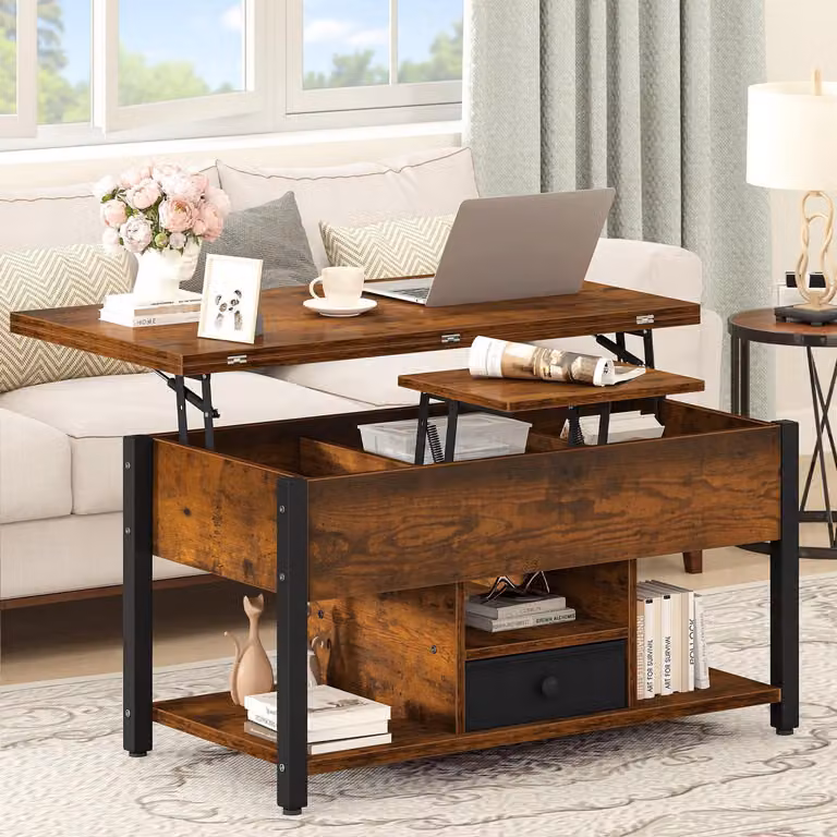 Tavolino sollevabile con vani contenitori e funzione da tavolo da pranzo, colore marrone rustico, dimensioni 90 x 47,8 x 47,5–61,7 cm