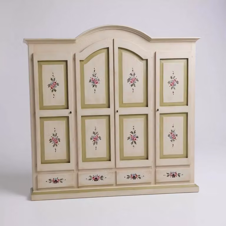 Armadio shabby chic Mobili 2G in legno con 4 ante e decorazioni floreali, colore avorio e verde, L: 234 cm, P: 60 cm, H: 230 cm