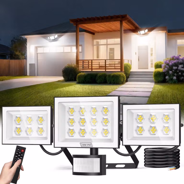 Faretto LED da esterno, 100W, 10000 lumen, 6500K, con sensore di movimento, grado di protezione IP66, dimmerabile, colore nero