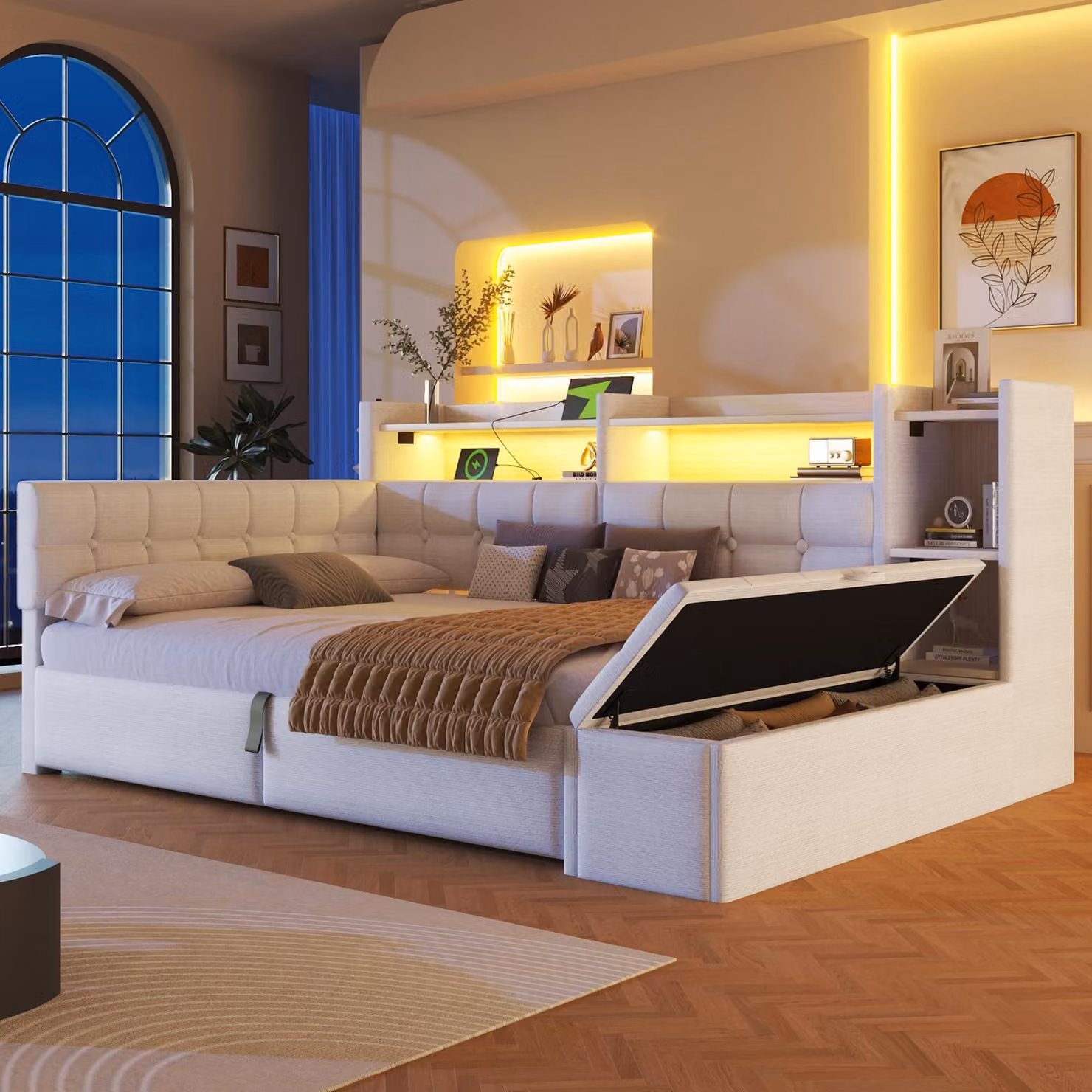 Divano letto Flieks, modello giorno, 140x200 cm, con poggiatesta idraulico, letto imbottito matrimoniale con funzione contenitore e rivestimento in ecopelle, letto per ragazzi in velluto con ripiani, colore bianco