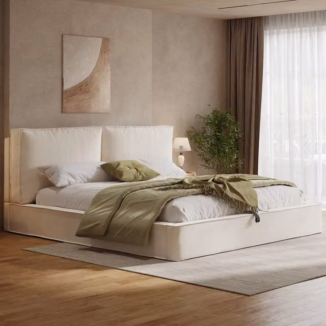 Letto contenitore matrimoniale 180 x 200 cm in velluto beige, matrimoniale idraulico con testiera 13 cm, vano contenitore sottoletto e rete inclusa