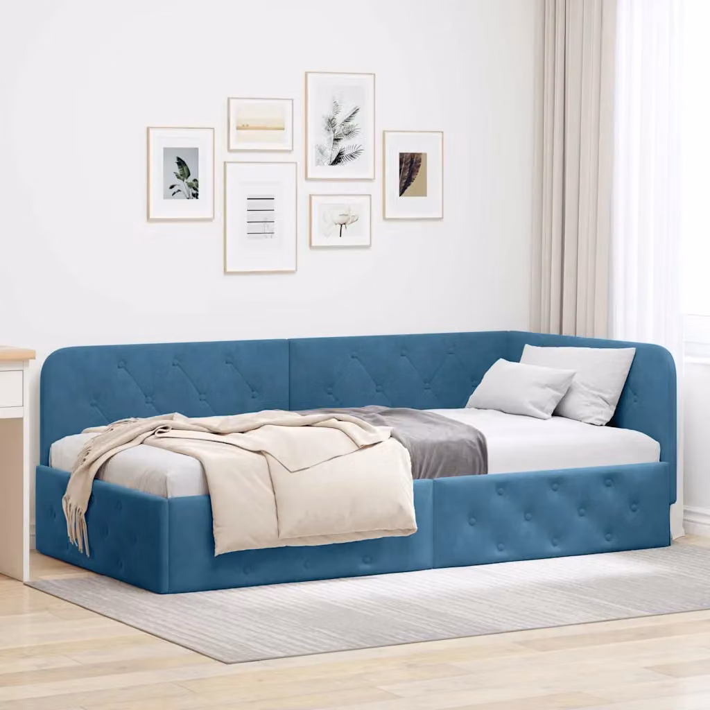 vidaXL Cornice del letto ad angolo in velluto blu, L 200 x P 100 x H 72 cm – 1