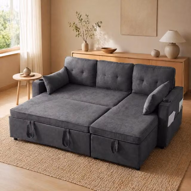 Divano Letto Reversibile con Contenitore REDOM Grigio L Shape con Portabicchieri e Cuscini Inclusi L: 211 cm, P: 130 cm, H: 86 cm