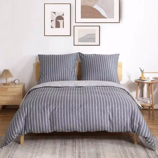 Set di lenzuola ATsense in cotone reversibile grigio a strisce, composto da 3 pezzi con coperta con cerniera a zip e 2 federe, dimensioni: 200 x 200 cm e 80 x 80 cm