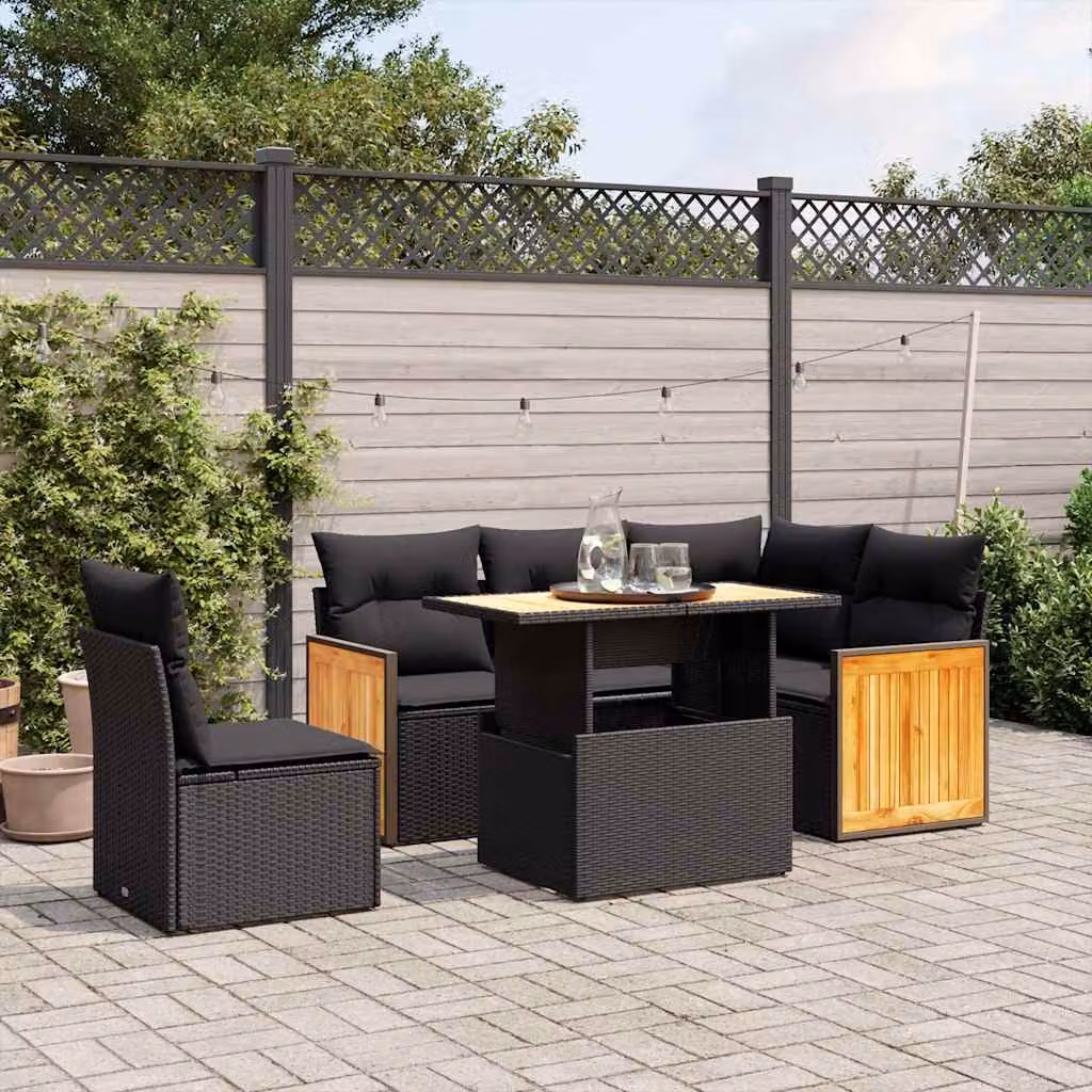 Set Divano da Giardino vidaXL 6 pz in Polyrattan Nero con Cuscini e Tavolino da Esterno – 1