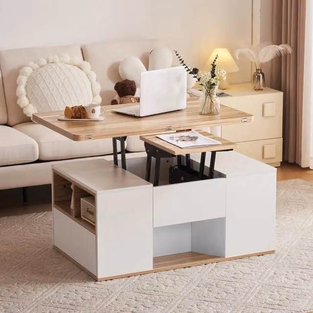 Tavolino da Salotto Multifunzione Sollevabile, Piano Apribile in 2 Tavoli, Grande Capacità, Mobile Moderno per Soggiorno, Ufficio e Sala da Pranzo