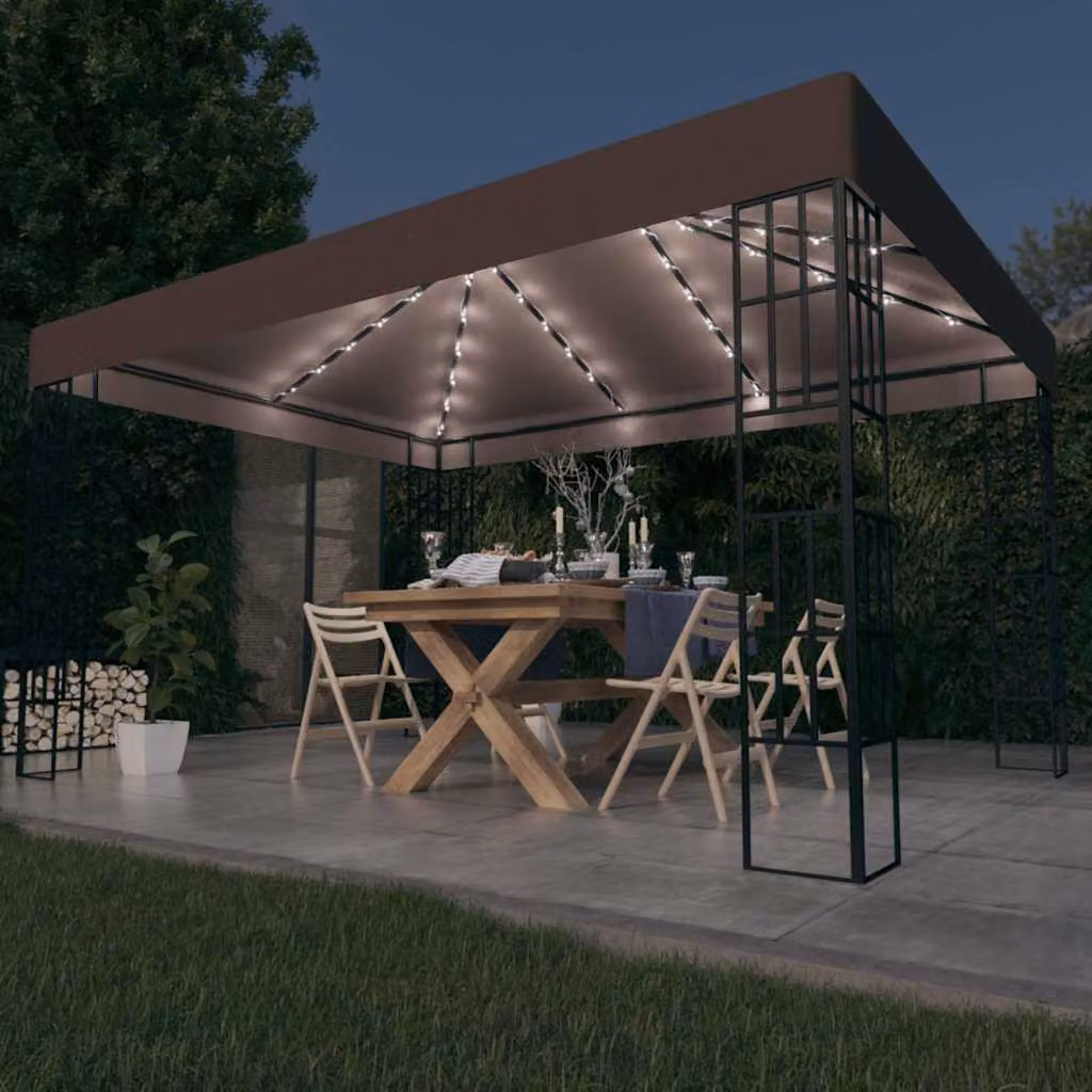 vidaXL Gazebo con Luci a Stringa LED in Acciaio e Poliestere, Grigio, L: 400 cm, P: 300 cm, H: 260 cm