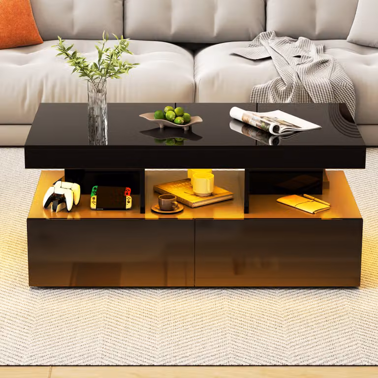 Tavolino moderno a LED con ripiani aperti e 2 cassetti, design a due livelli, nero