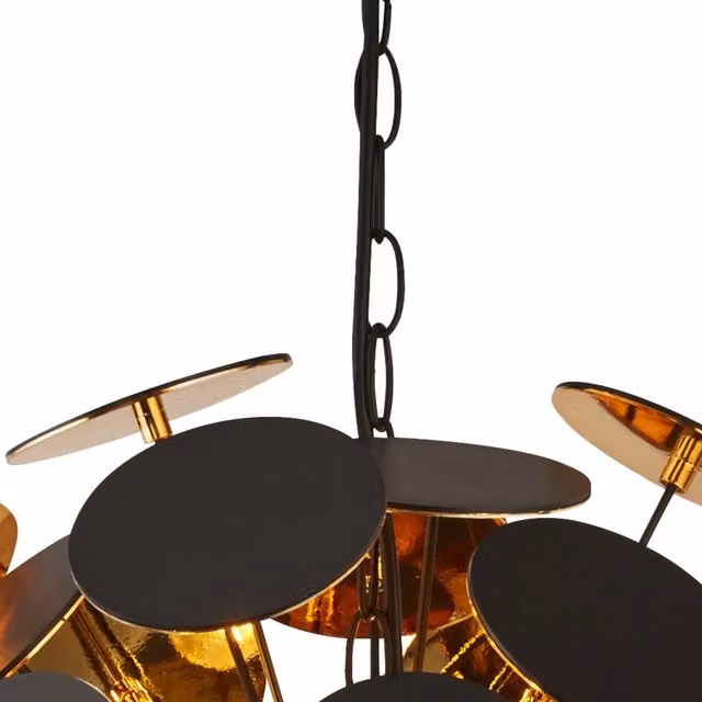 Lampadario a sospensione moderno SEARCHLIGHT con 4 luci, design a disco rotondo in metallo e plastica, colore nero e oro, attacco E14, regolabile