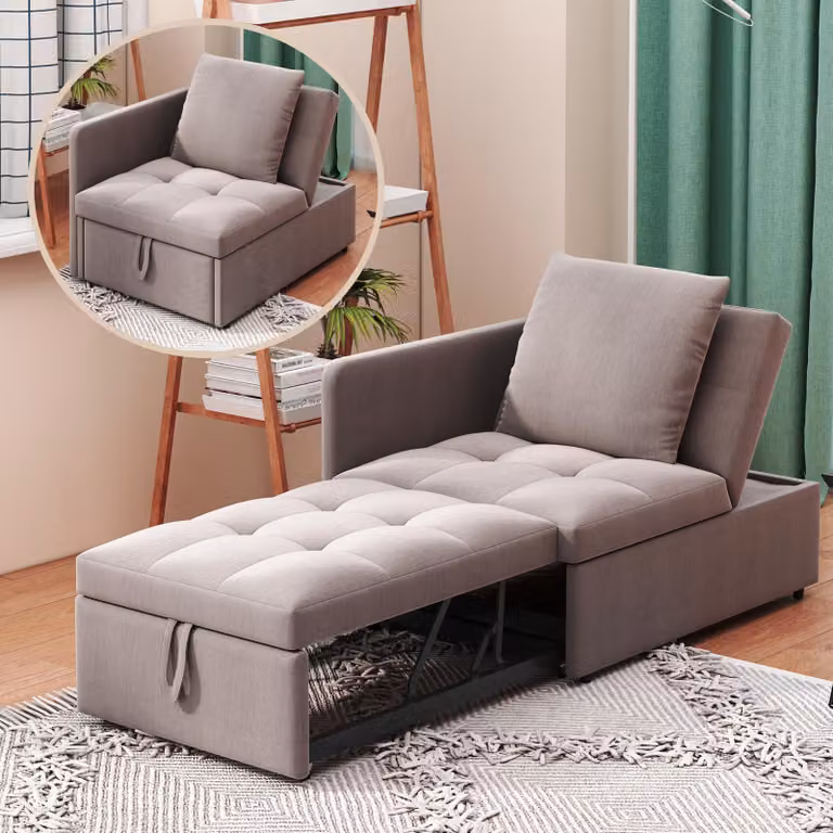 Merax divano letto 3 in 1 con schienale regolabile, , letto imbottito da giorno in tessuto di lino, letto singolo salvaspazio, grigio, 177x68x65 cm
