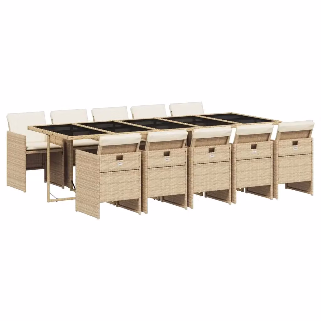 Set da pranzo da giardino vidaXL in polyrattan con cuscini beige e piano in vetro, 11 pezzi – 2