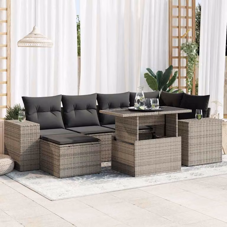 Set di divani da giardino vidaXL in polyrattan con cuscini grigio, 7 pezzi