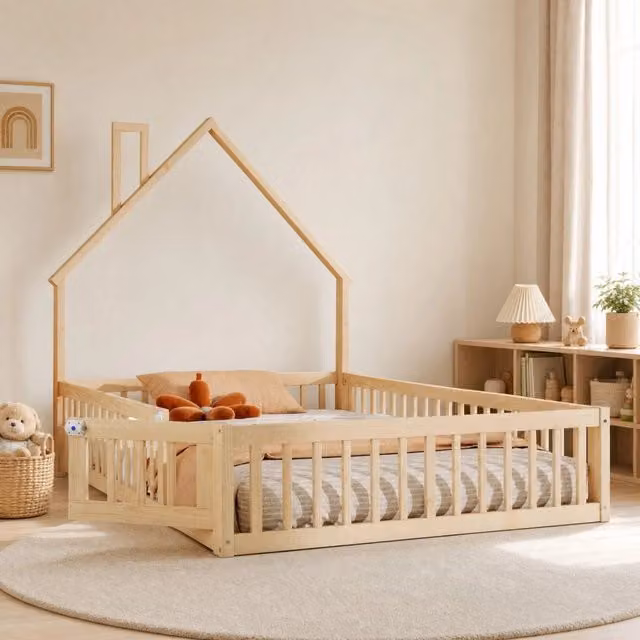 Letto casa per bambini 140x190 cm con camino; in pino e MDF; naturale