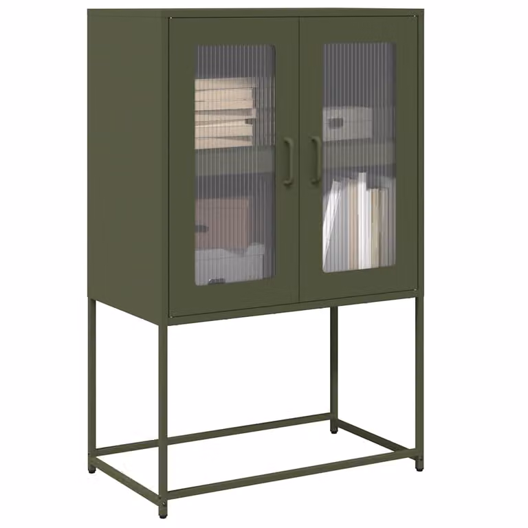 Credenza in metallo vidaXL verde oliva con ante in vetro in stile industriale L: 68 cm, P: 39 cm, H: 107 cm