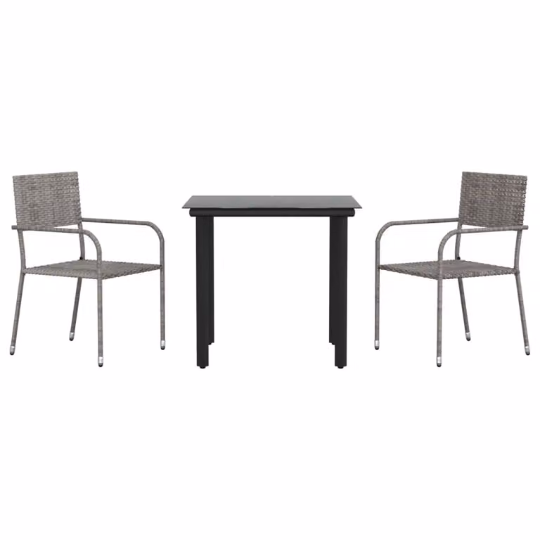 Set da Pranzo da Giardino 3 pz Nero Grigio Polyrattan e Acciaio