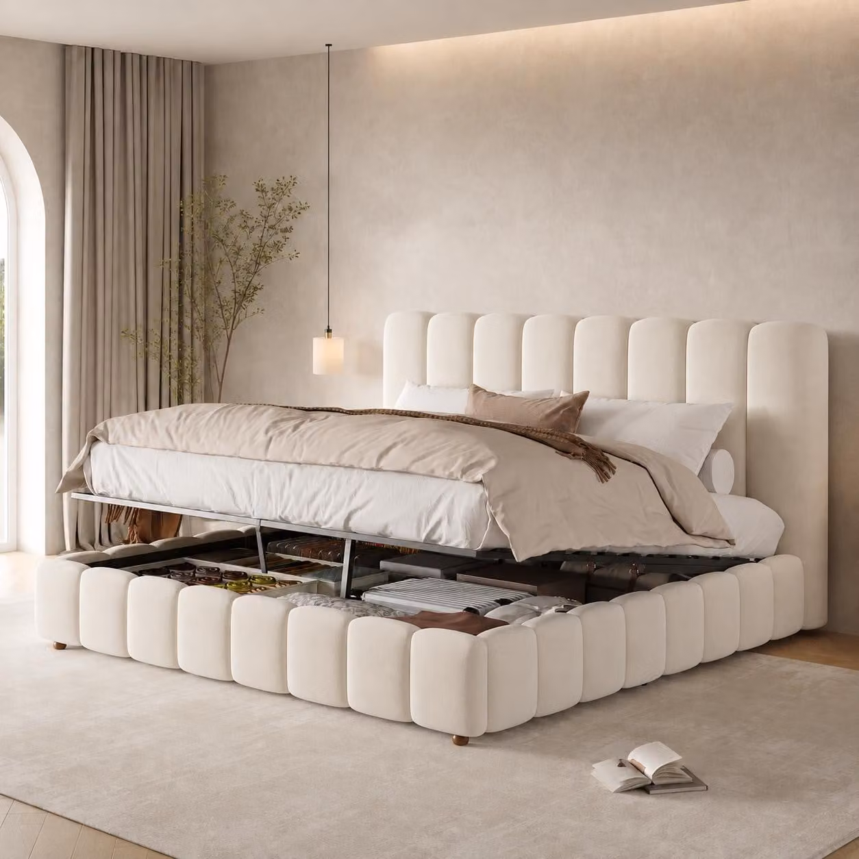 Letto imbottito 160 x 200 cm con rivestimento in velluto e contenitore a sollevamento idraulico – Letto matrimoniale a righe, con rete a listelli e gambe in legno massello, letto contenitore color beige