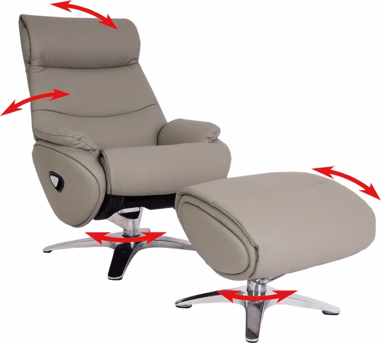 Poltrona relax con sgabello HWC-K98, poltrona TV, funzione reclinabile, girevole, metallo vera pelle/artificiale ~ grigio