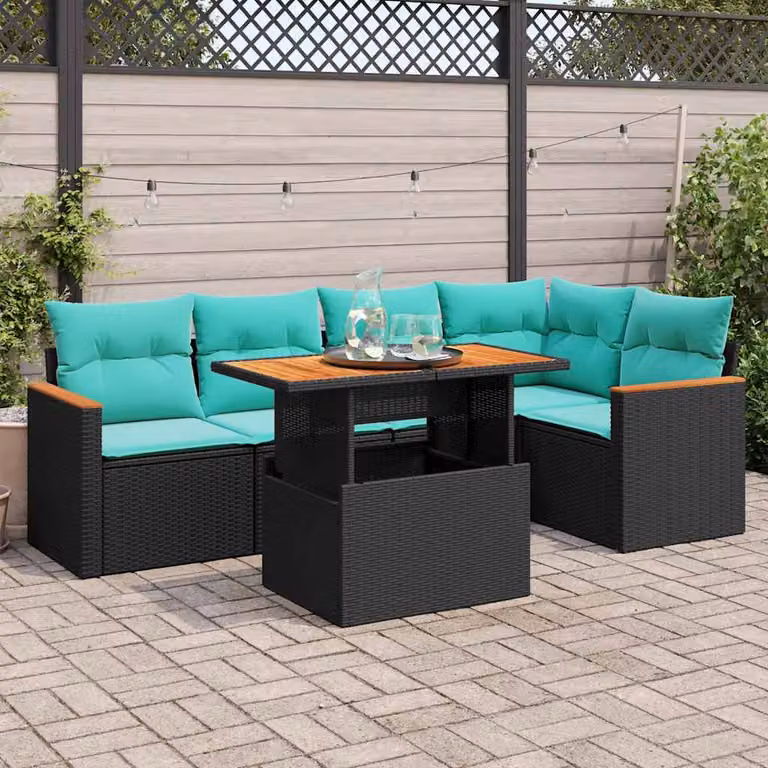 Set Divano da Giardino a L vidaXL in Polyrattan Nero con Cuscini Blu e Tavolino da Esterno