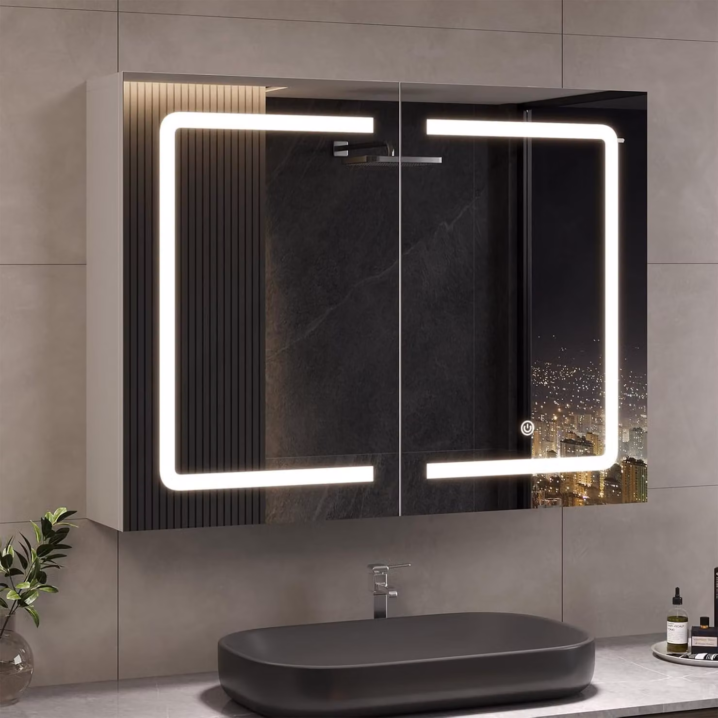 Armadio a specchio per bagno con illuminazione 80x16x60cm Armadio a specchio per bagno con LED e presa di corrente Armadio a doppia anta per bagno largo 80 cm con specchio e mensola, pensile, interruttore a sensore di tocco, bianco