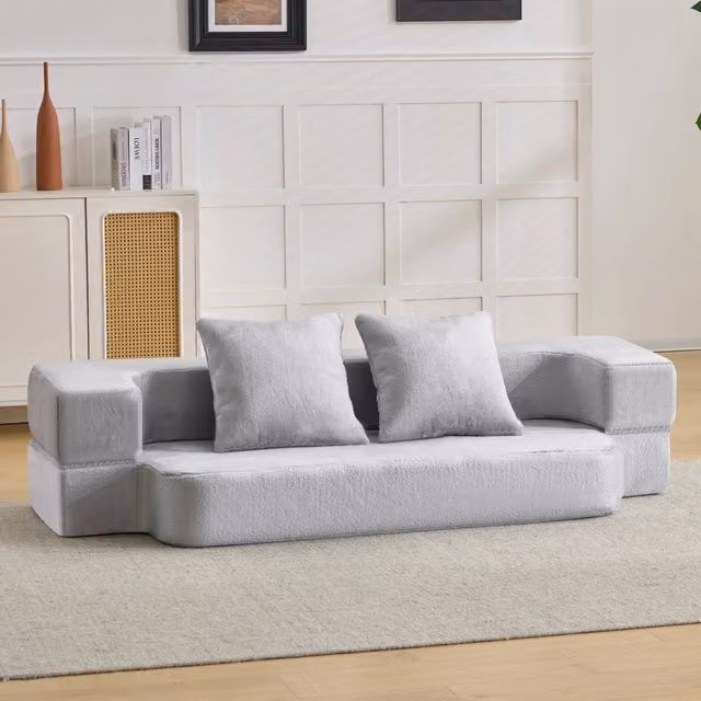 Divano letto a due posti OKWISH in tessuto grigio con cuscini in schiuma per soggiorno e camera da letto