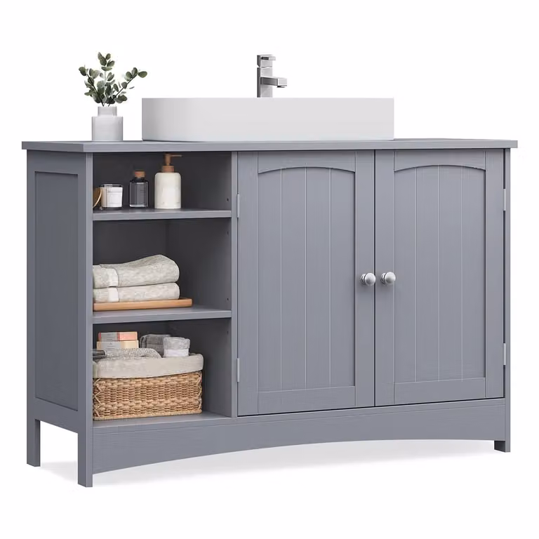 Armadietto da Bagno con Anta Doppia e Scaffale Aperto, Grigio Tortora