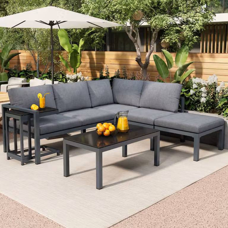 Set di mobili da giardino Merax con cuscini e struttura in acciaio, set di 5 pezzi con tavolo da giardino e tavolino, set di mobili da giardino in alluminio per balcone