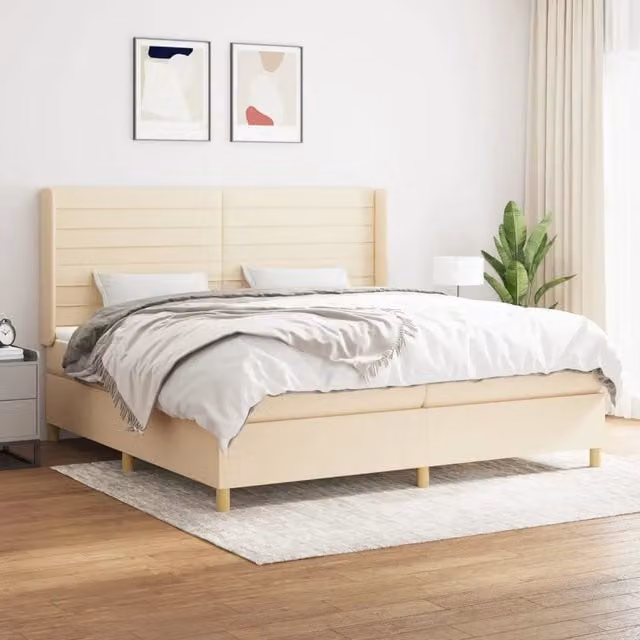 Letto Ibrido vidaXL con Giroletto a Molle e Materasso in Tessuto Beige e Bianco L/P/H: 203 x 203 x 128 cm