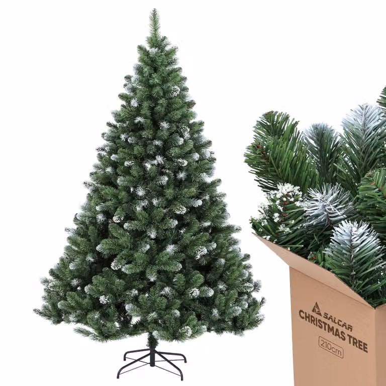 Salcar Albero di Natale artificiale 210 cm con punte dei rami effetto neve e supporto in metallo, abete artificiale per Natale