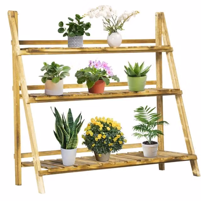 Portapiante Pieghevole Outsunny in Legno di Abete Marrone con 3 Livelli per Esterno L/P/H: 100 x 37 x 93 cm Aosom
