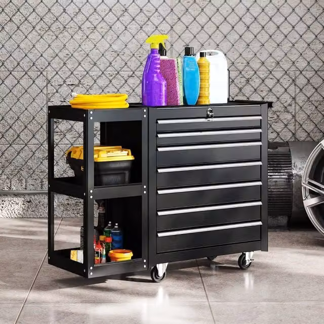 Carrello portautensili REDOM nero con 7 cassetti, ripiano laterale e ruote, L: 68 cm, P: 39,5 cm, H: 73 cm