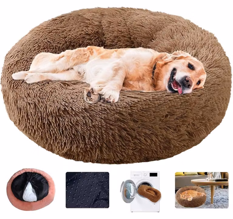 Cuccia per cani a forma di ciambella, rotonda, confortevole, in peluche, morbida e lavabile. Dimensioni: diametro 50 cm. Colore: marrone