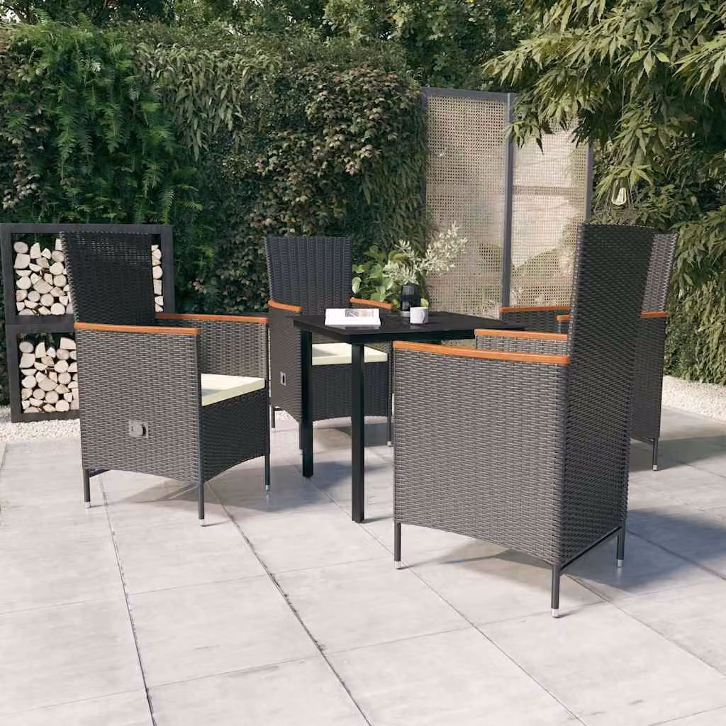 Set da pranzo da giardino vidaXL in polyrattan con tavolo in vetro e 5 sedie con cuscini nero e bianco