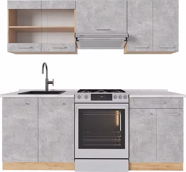 Cucina componibile moderna Vicco R-Line in finitura Calcestruzzo e Rovere dorato, L: 200 cm