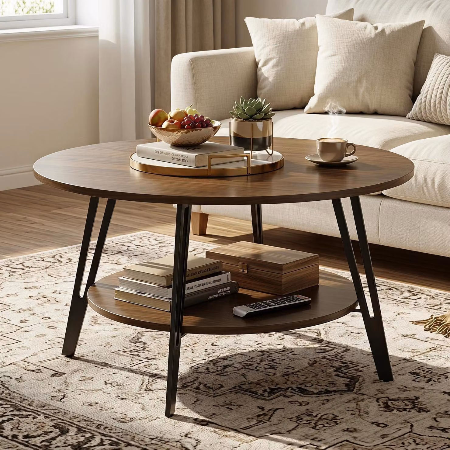 Tavolino da divano rotondo, effetto noce, legno e metallo, con spazio contenitivo, diametro 78 cm