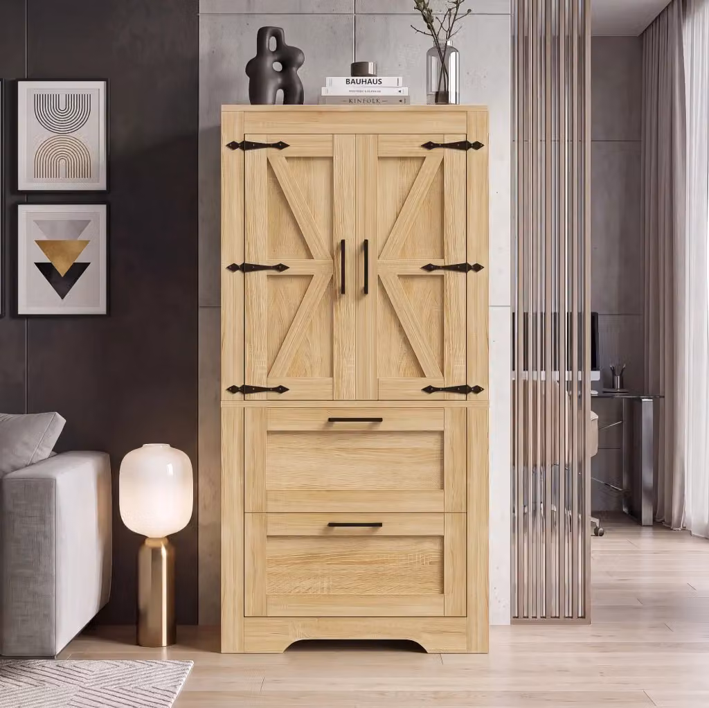 Credenza alta effetto fienile con 2 cassetti e ripiani regolabili in MDF, mobile contenitore per cucina e soggiorno, marrone e beige, L: 60 cm, P: 30 cm, H: 128 cm – 2