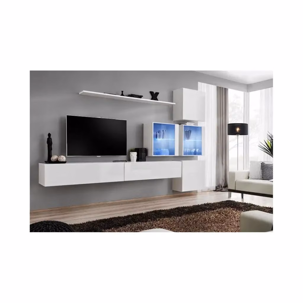 Composizione murale SWITCH XIX Meublorama con mobile TV, cubi vetrati LED e scaffali, Bianco lucido, L: 310 cm x H: 200 cm x P: 40 cm – 2