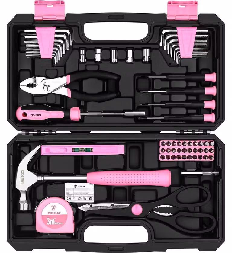 Set di attrezzi da 62 pezzi, rosa, per uso domestico, in officina o per progetti fai-da-te, ideale per le donne