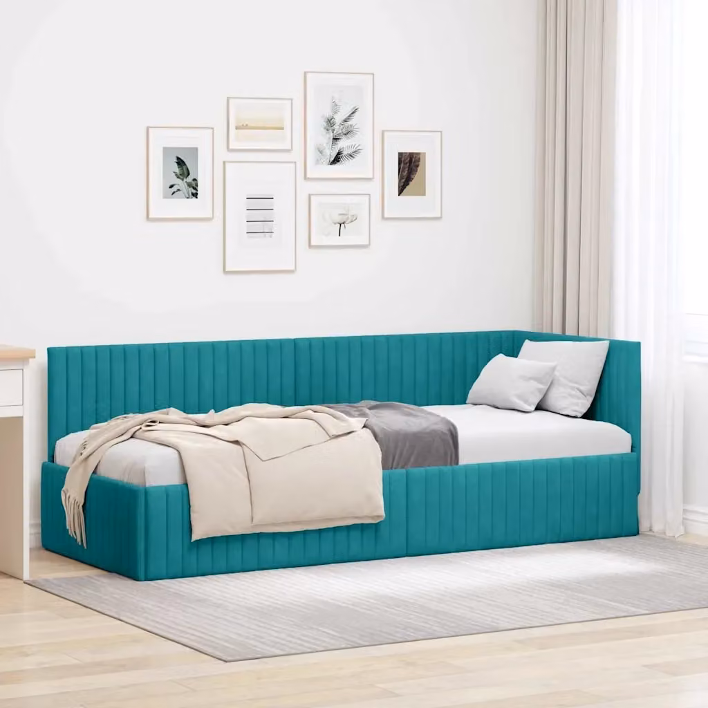 Letto singolo moderno in velluto turchese con struttura imbottita L: 80 cm, P: 200 cm, H: 140 cm – 2