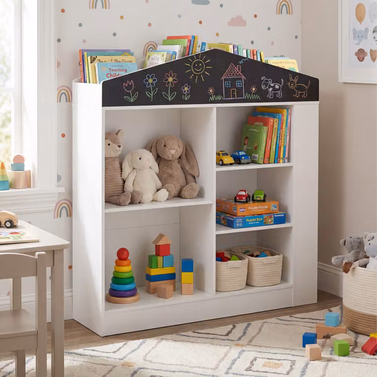 Scaffale portagiochi Costway per bambini con 11 scomparti e lavagna, libreria in legno per cameretta, Bianco, L: 94 cm, P: 30 cm, H: 102 cm