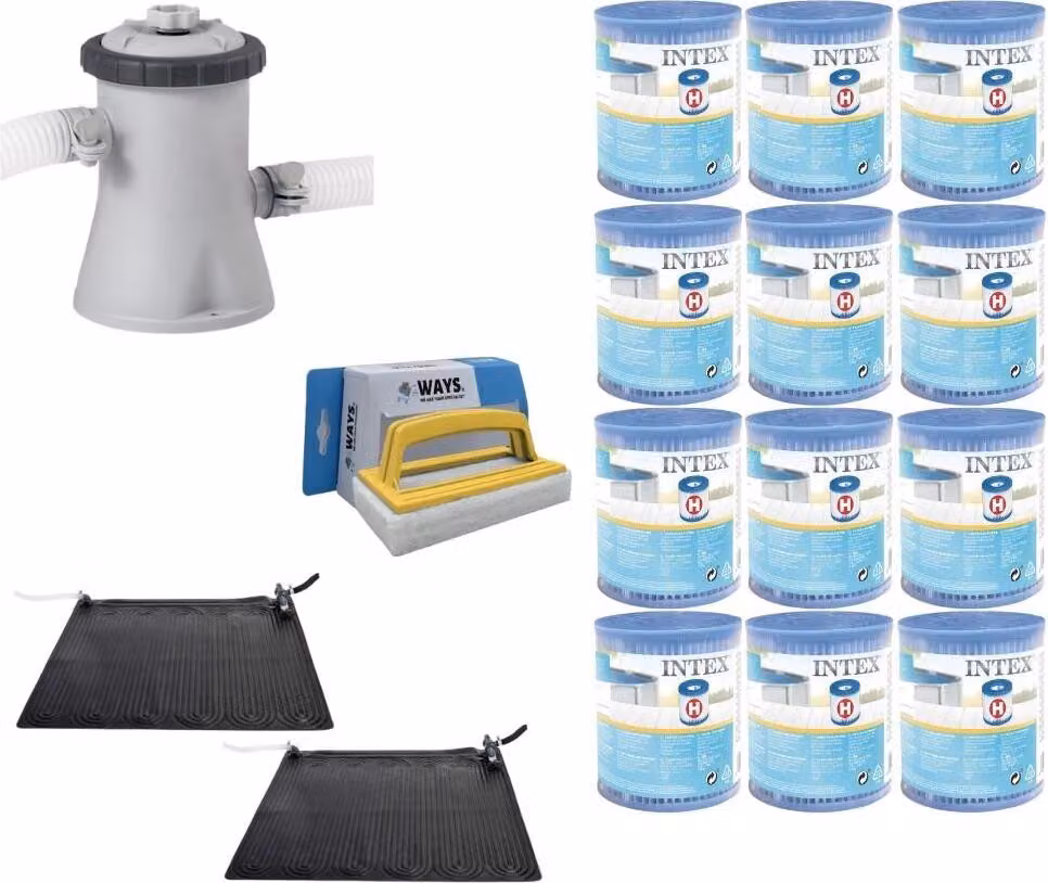 WAYS - Cura della piscina - 2x riscaldatore per piscina e pompa filtro 1250 L/u & 12 filtri tipo H & spazzola WAYS per il lavaggio
