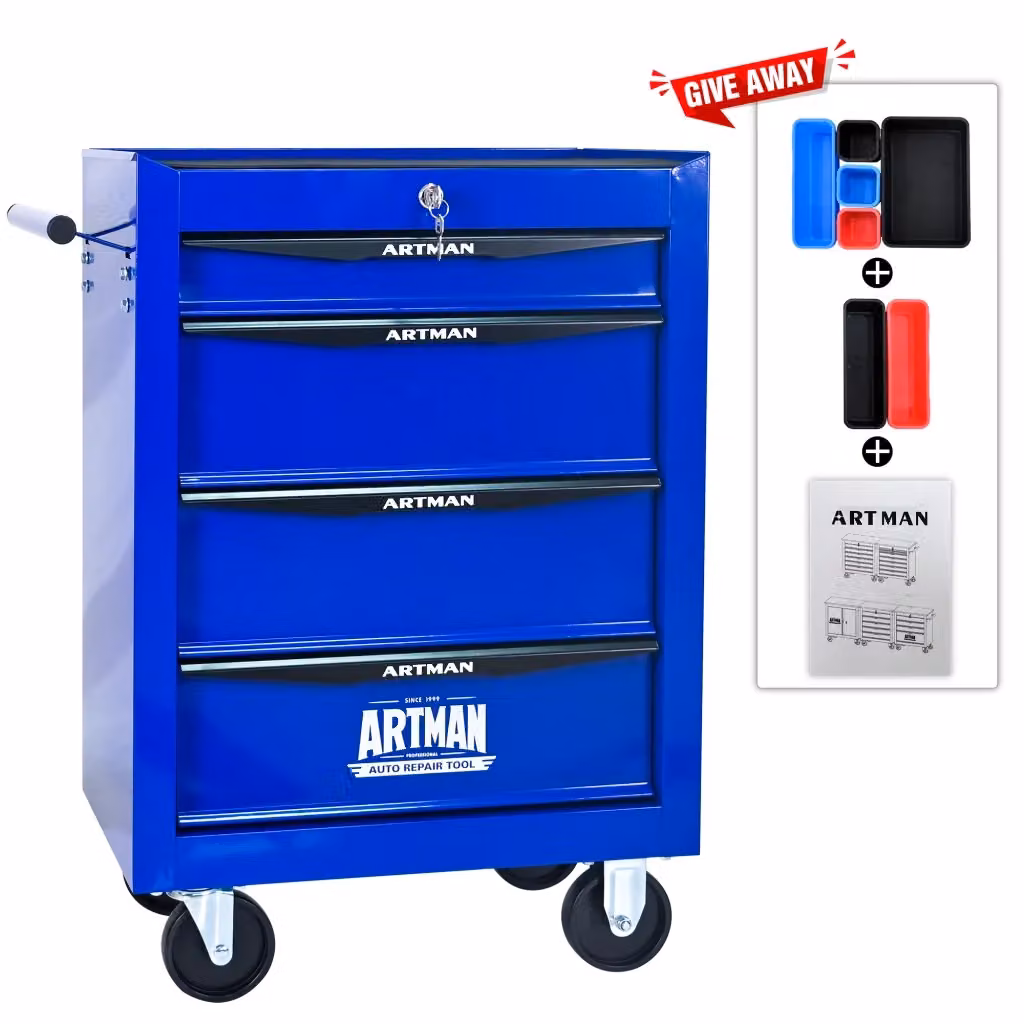 Mobiletto portautensili Weimin in metallo con 4 cassetti su ruote, con piano di lavoro e serratura, disponibile in nero o blu, Altezza: 50,8 cm – 2
