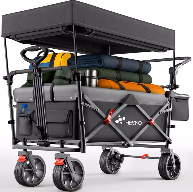TRESKO® Carrello pieghevole con tetto nero, vano refrigerante e tende laterali a rullo | Carrello con carico massimo fino a 150 kg | Carrello di trasporto con pneumatici in gomma piena, freni di stazionamento (anteriore e posteriore) e cintura a 3 punti