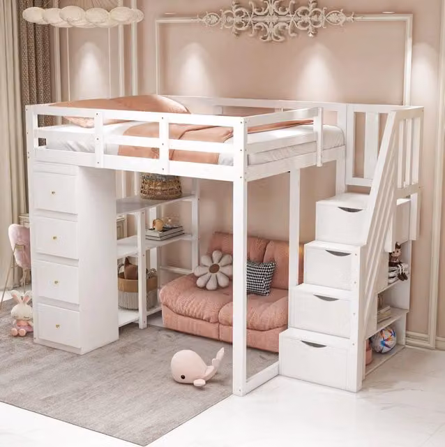 Letto a soppalco 140x200 cm bianco con 4 cassetti; ripiani e scala laterale di sicurezza
