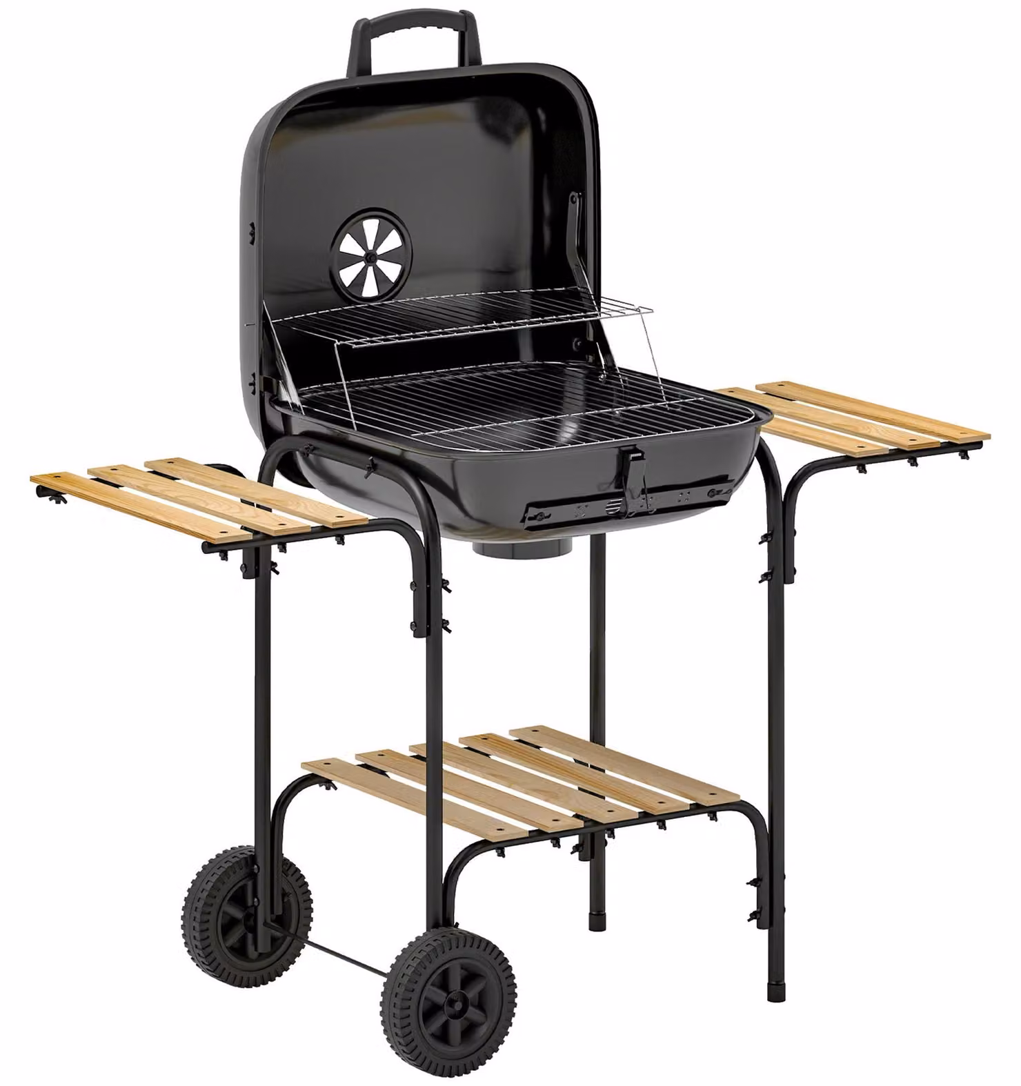 Griglia per barbecue a carbone con coperchio e carrello | Colore: nero | Dimensioni: 54x98x91 cm