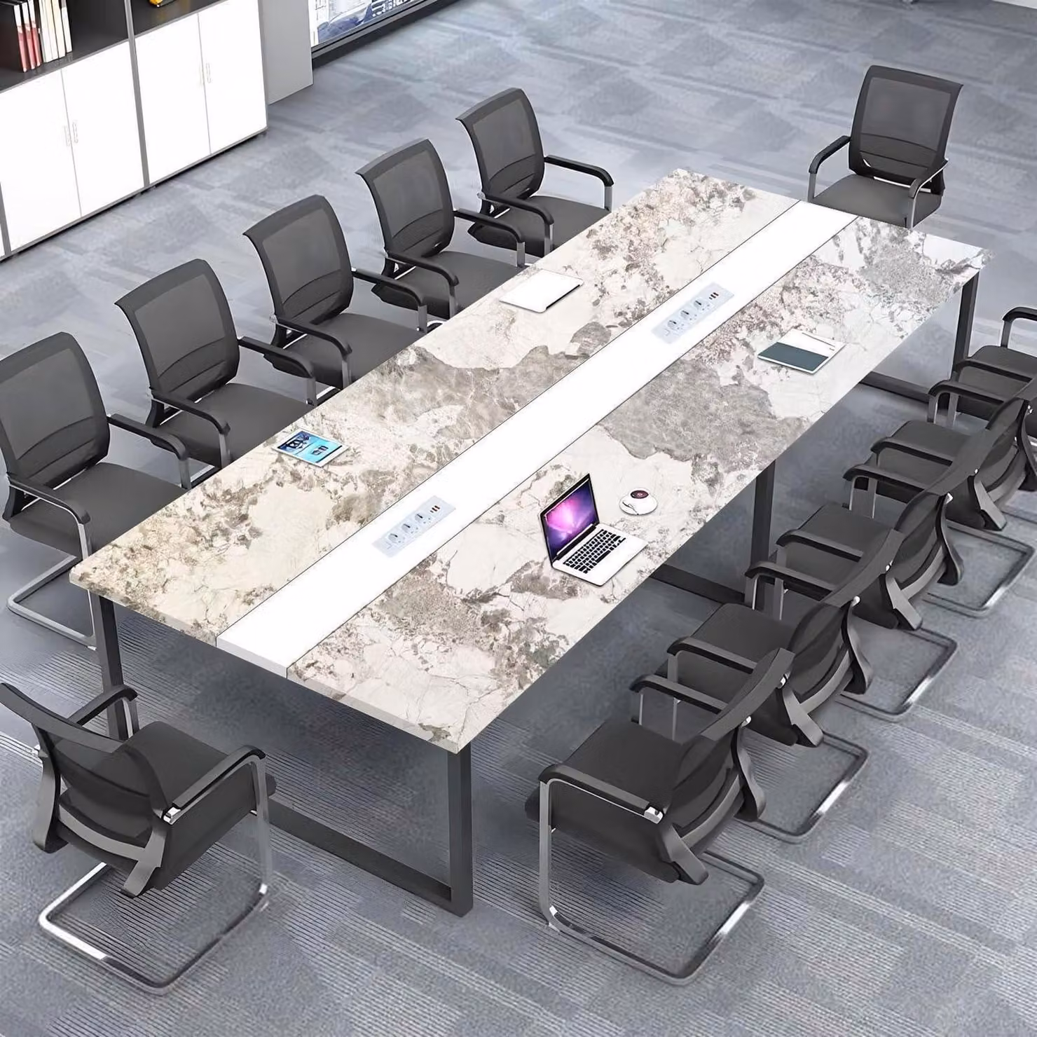 Tavolo da conferenza con sistema di gestione dei cavi, dimensioni 200x80x74 cm, design moderno, ideale per l'ufficio