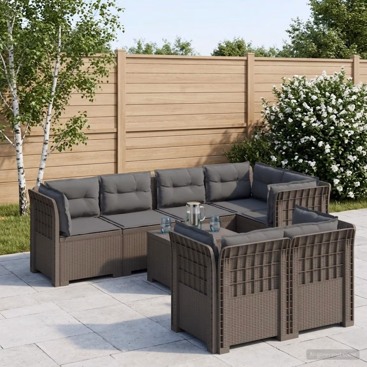 Divano da giardino a forma di U vidaXL con 7 posti, design moderno in polyrattan grigio antracite e cuscini inclusi