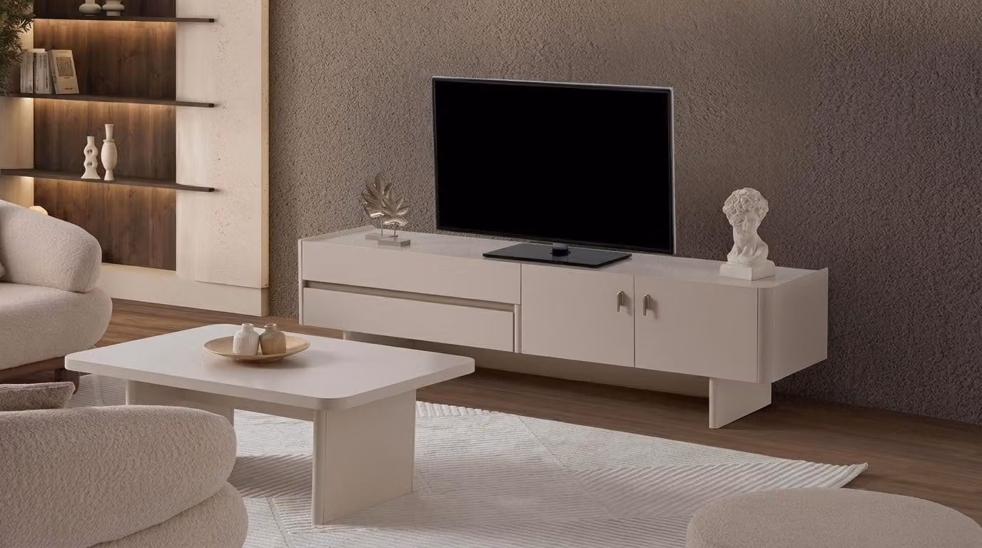 Set per soggiorno: mobile TV, tavolino, stile moderno, beige, funzionale