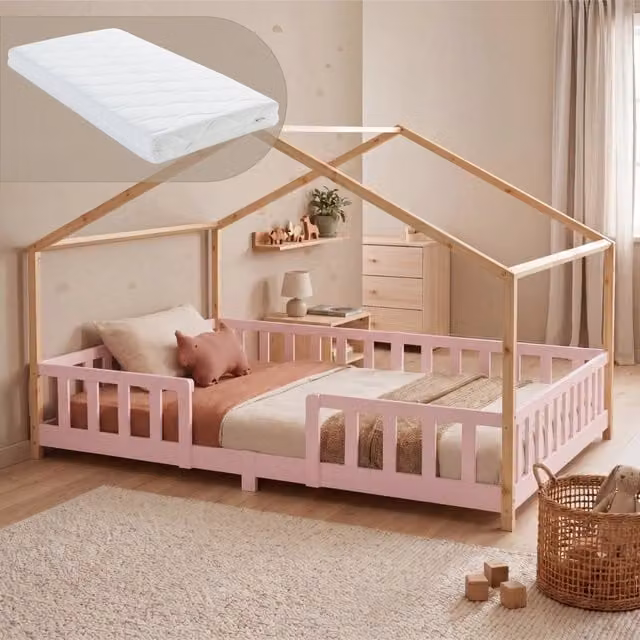 Letto per cameretta Treviolo en.casa a forma di casetta in stile Montessori con materasso in schiuma, colore rosa e beige, L/P/H: 207 x 140 x 138 cm – 1