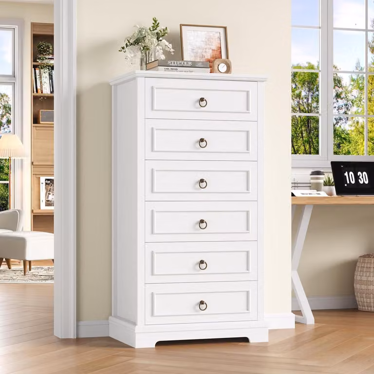 Comodino bianco con 6 cassetti, finitura effetto legno, dimensioni 68x39,5x131 cm