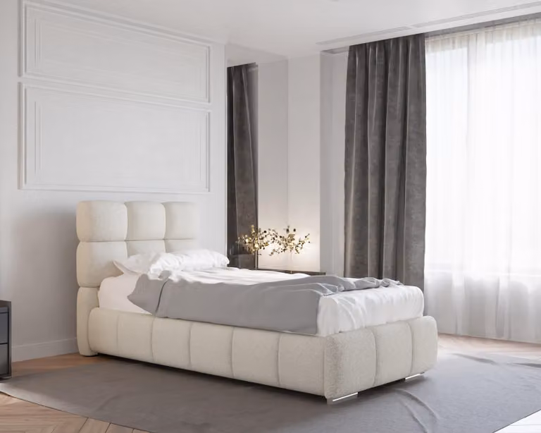 Letto imbottito BLISS con contenitore, con materasso (a molle insacchettate, fibra di cocco)
